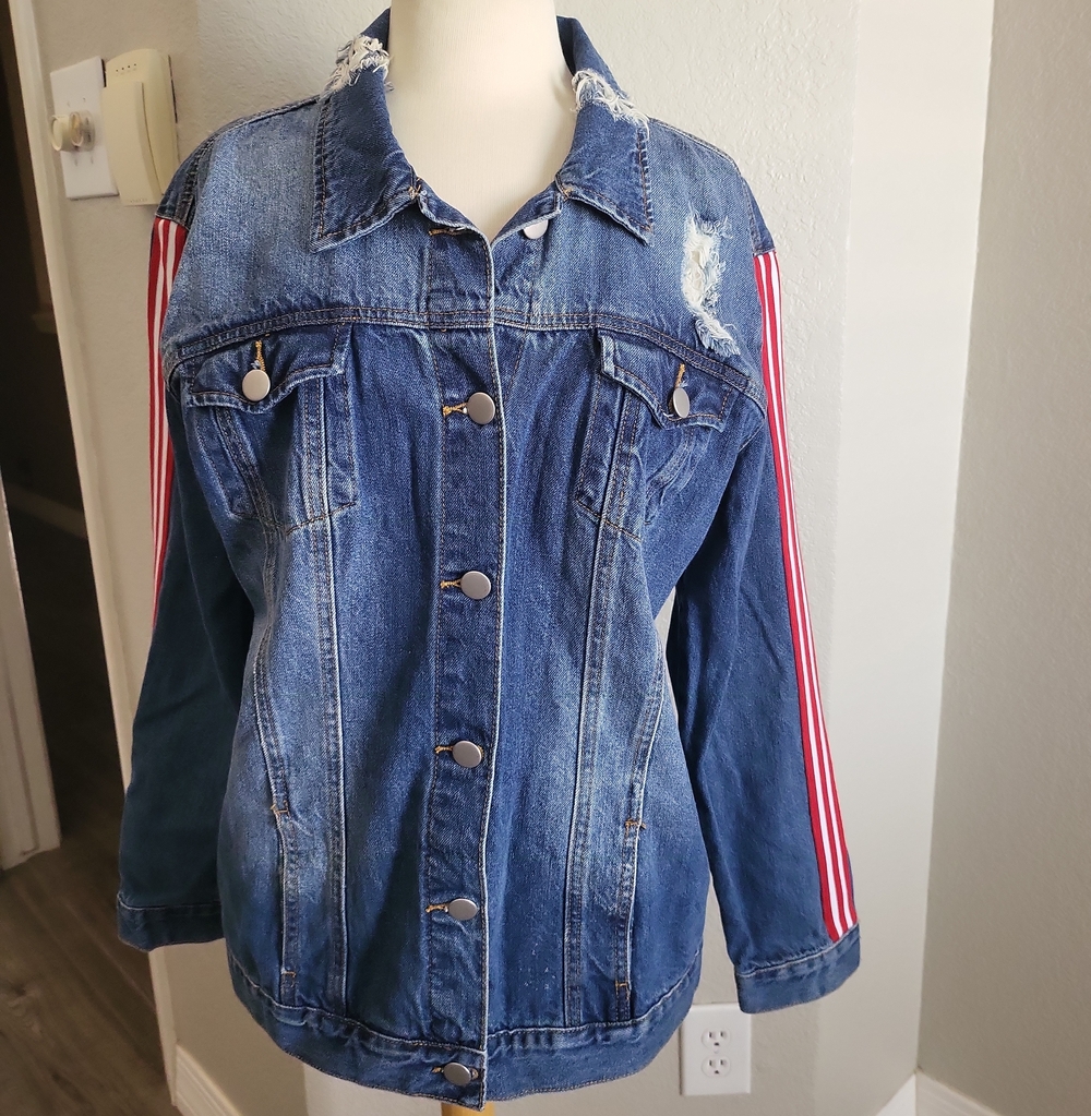 Ashley Mason Distressed Blue Denim Jacket with Red Stripe Sleeves Sz L